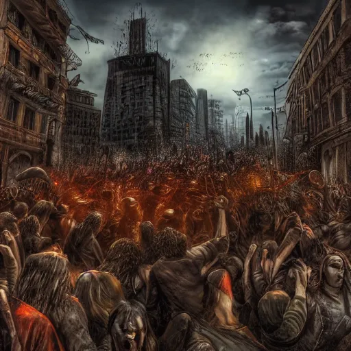 Prompt: city of hell, heavy metal rock city of hell, people in the city headbanging and marching like they do in a moshpit, realistic, hdr, clear image, hdd, dynamic lighting, rtx on,