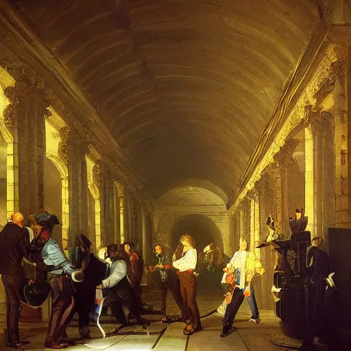 Prompt: underground tunnels inhabited by chubby white businessmen, mechanical computers, lights and switches, portal to the dreamworld, baroque oil painting