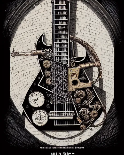 Image similar to a majestic steampunk alchemists guitar, two point perspective, furniture, high details, bold line art, by vincent di fate and joe fenton, inking, etching, screen print, masterpiece, trending on artstation, sharp, high contrast, hyper - detailed,, hd, 4 k, 8 k