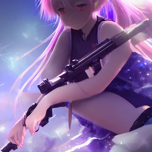 Image similar to advanced digital anime art, WLOP , a small school girl with silver hair wearing a violet dress and bare feet laying on the floor and aiming through a PSG1 sniper rifle, DOF, Gaussian Blur, —H 1080 —W 1920