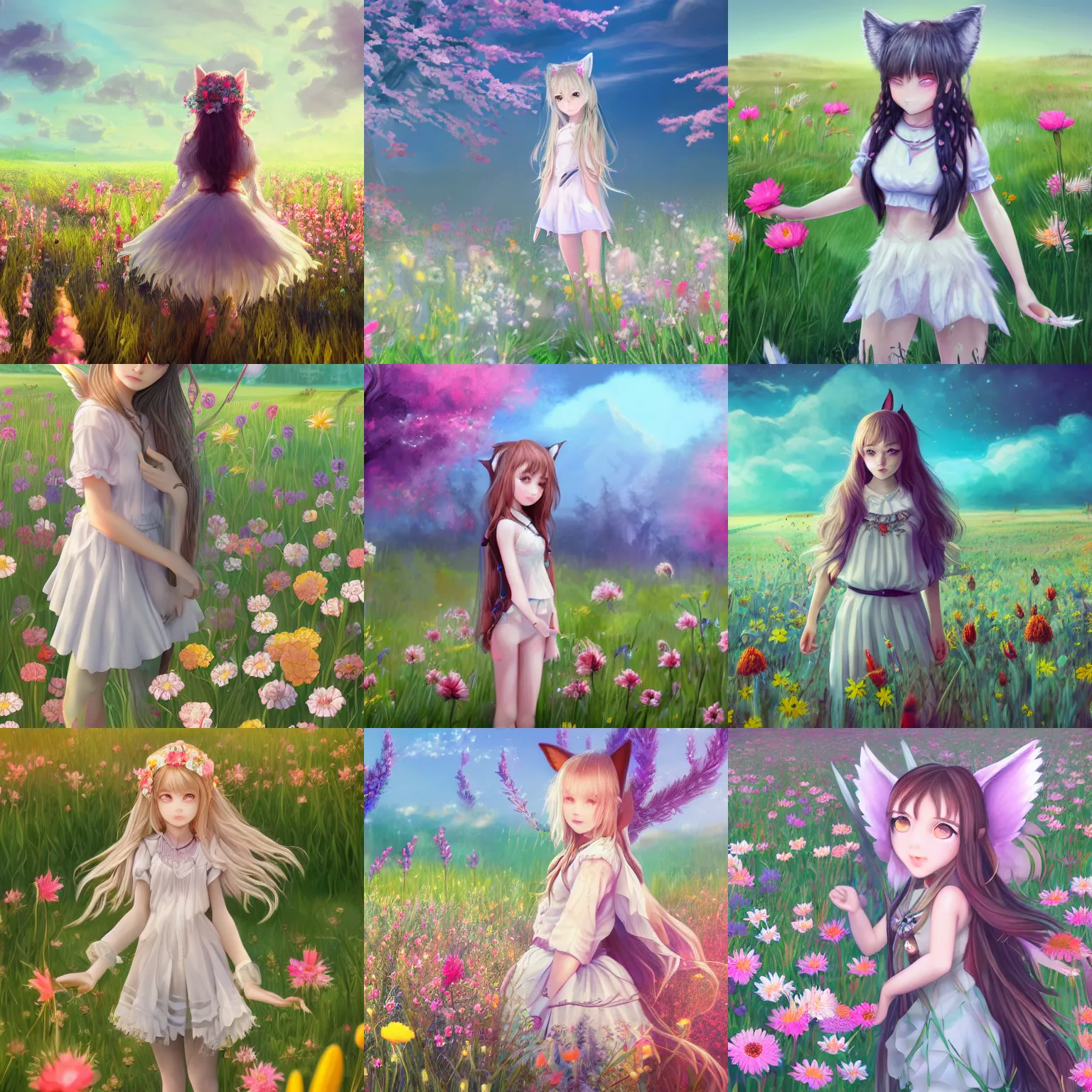 Prompt: A beautiful and detailed art of a young girl with large white-tipped wolf tail and wolf ears, standing in the middle of a field of flowers, 4K UHD, wallpaper, trending on artstation and behance and pixiv