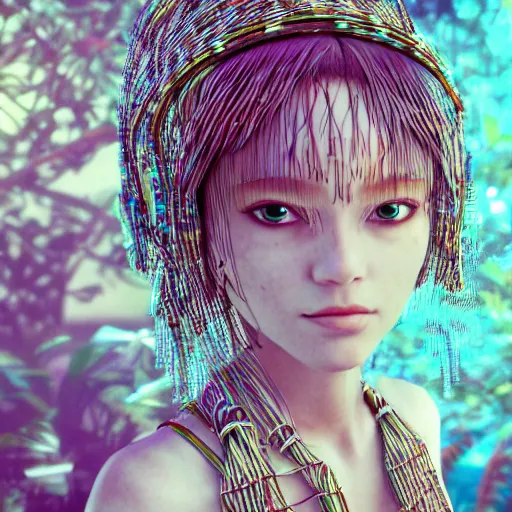 Image similar to piles of modular synth cables mixed with mangrove roots, kawaii puerto rican goddess staring through your soul wearing a headpiece made of circuit boards, by makoto shinkai, masamune, and stanley kubrick, unique perspective, eastman color, trending on artstation, cinematic, 3 d render, photorealistic