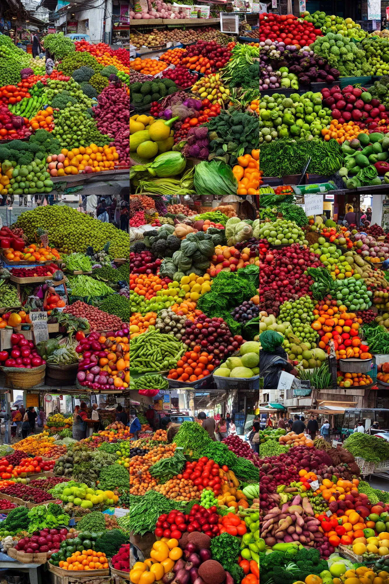 Prompt: vegetable market, a pile of fruits that looks like a llama face, street photography, artstation