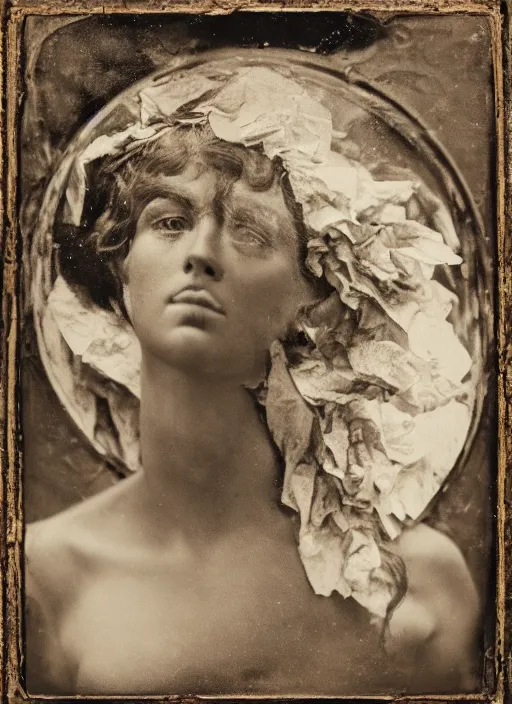 Image similar to old wetplate daguerreotype portrait of birth of venus, explosion of data fragments, fractal, intricate, elegant, highly detailed, parallax, leica, medium format, subsurface scattering, portrait, elegant, highly detailed, matte painting, by stanley spencer