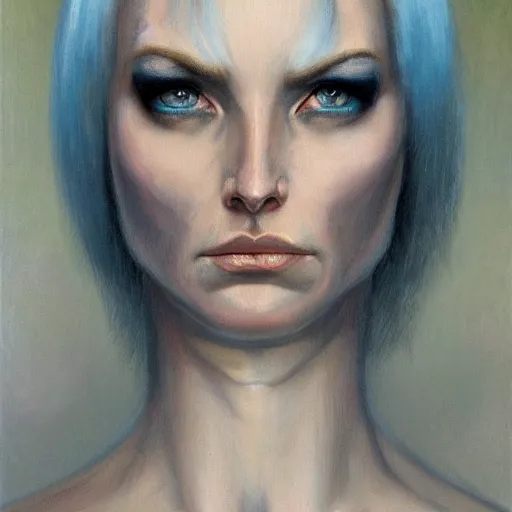 Image similar to front portrait of an ice Blue eyes woman, by Gerald Brom