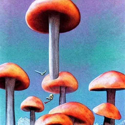 Prompt: mushrooms are the actual flying saucers, hallucination, psychedelics, dreamy, groovy, modern,