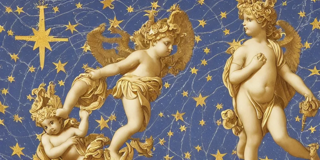 Prompt: saint Woman Venus Athena beautiful gracious baroque marble and gold in space sistina stars clouds winged putti