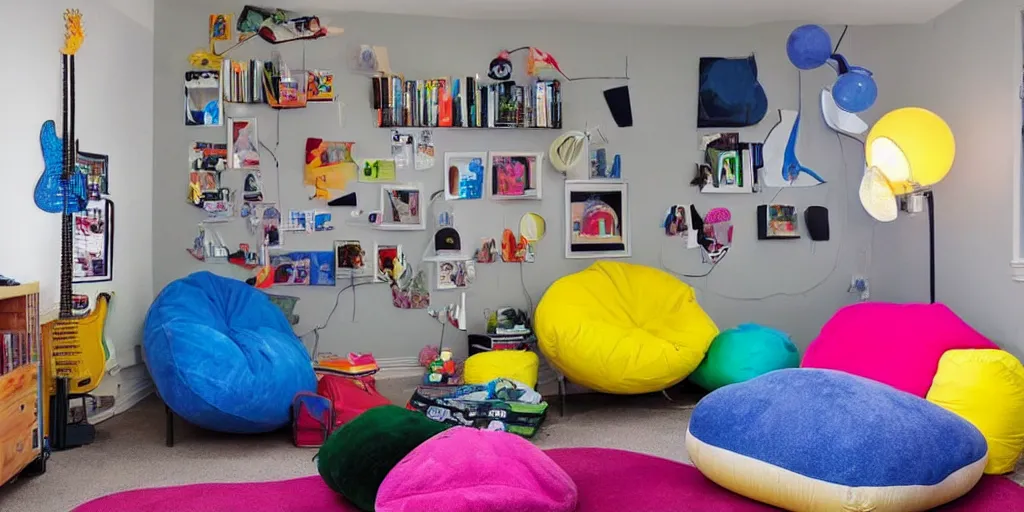 Image similar to a nostalgic teens room from the 90s with an inflatable chair, a bean bag chair, and lava lamps