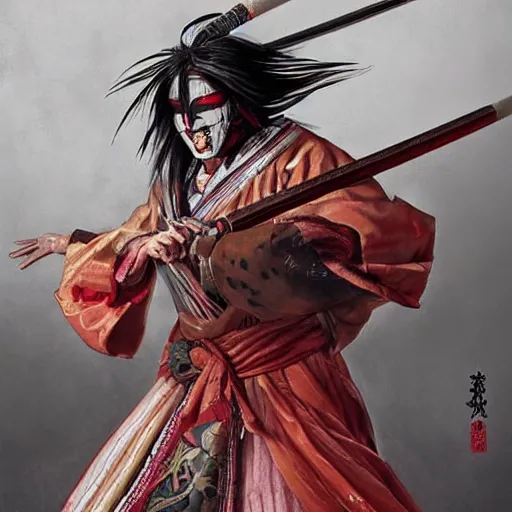 Image similar to an epic portrait of insane kabuki male wielding a spear covered in a distorting aura, intricate hakama, poofy red wig, eerie, highly detailed, dark fantasy, art by artgerm and greg rutkowski