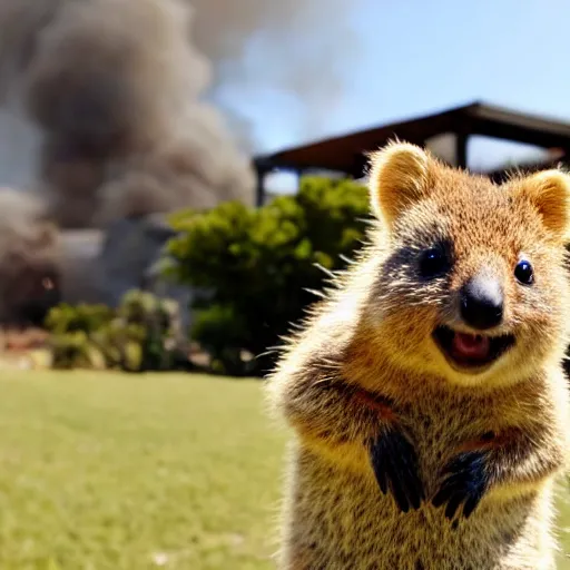 Image similar to a quokka laughing while a house is on fire in the background