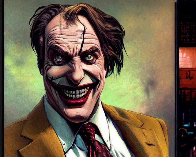 Image similar to portrait of saul goodman as the joker, gta loading screen, art by makoto shinkai and peter elson, bernie wrightson