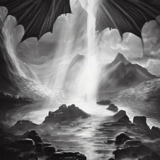 Image similar to oil painting of a dragon with black and white stripes flying in the air near a cave with a waterfall in the center, light emanating from the waterfall leading to a big pool of water, elegant, sharp focus, wide shot, clear, detailed, early renaissance