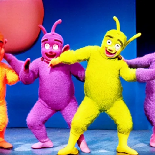 Prompt: A musical comedy in technicolor with Gene Kelly featuring the Teletubbies