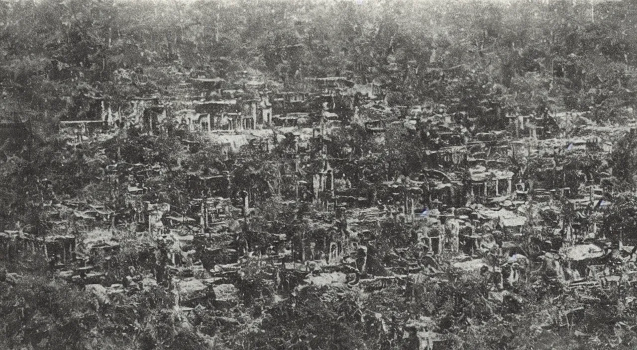 Prompt: a 1900s grainy photo of a lost city found in amazonia's forest