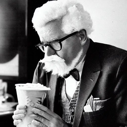 Image similar to An old vintage photograph of Colonel Sanders secretly eating a burger at McDonalds, 4k, highly detailed, photorealistic