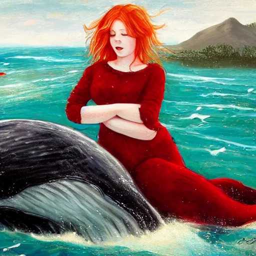 Prompt: a portrait of a red headed young woman hugging a whale in a scenic environment by Bowater Charlie