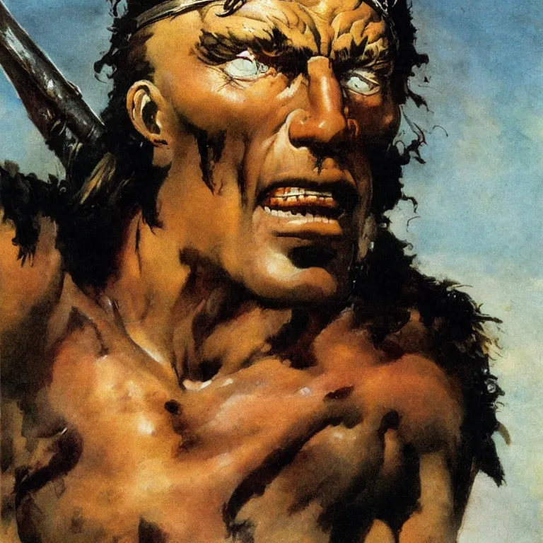 Image similar to closeup portrait of a barbarian by frank frazetta, head facing directly front on