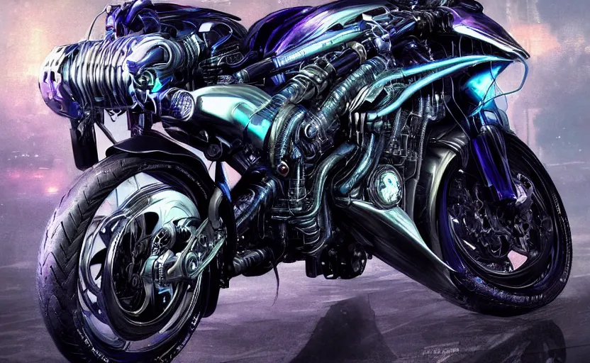 Image similar to Cyberpunk yamaha motorcycle, hyperrealistic mixed media, stunning 3d render inspired art by P. Craig Russell and Barry Windsor-Smith + perfect facial symmetry + dim volumetric lighting, 8k octane beautifully detailed render, post-processing, extremely hyperdetailed, intricate futuristic mechanic parts, epic composition, grim yet sparkling atmosphere, cinematic lighting + masterpiece, trending on artstation