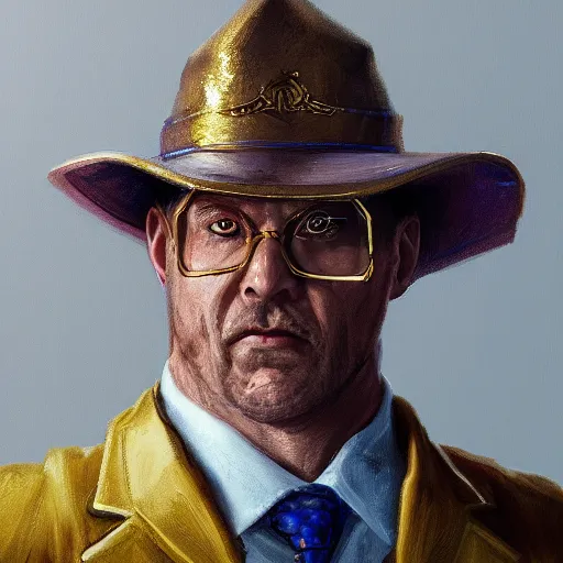 Image similar to a painted portrait of a middle-aged man in a golden suit, D&D, sci-fi, elegant, hopeful, muscular, highly detailed, digital painting, artstation, concept art, smooth, sharp focus, illustration