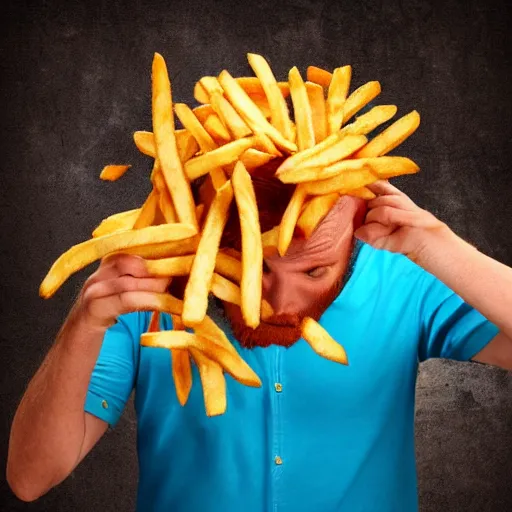 Prompt: angry man spilling arby’s fries, 4k realistic photo