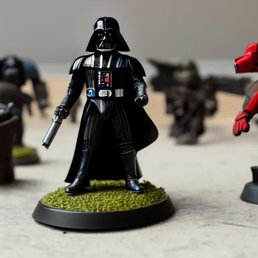 Image similar to Darth Vader collects miniature battles of Warhammer 40,000 space marine figurines on his desktop at a table with a bright lamp, realism, depth of field, focus on Darth Vader,