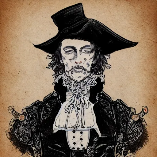 Image similar to Drawing of Male Victorian Gothic Pirate on vintage parchment paper, hd, intricate, bloodborne, 8k, digital art