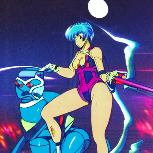 Image similar to 80s anime, dark neon city. laser gun battle on open space. futuristic cars lay in flames, destroyed robot dogs remains, beautiful girl in spandex suit holding large futuristic plasma rifle