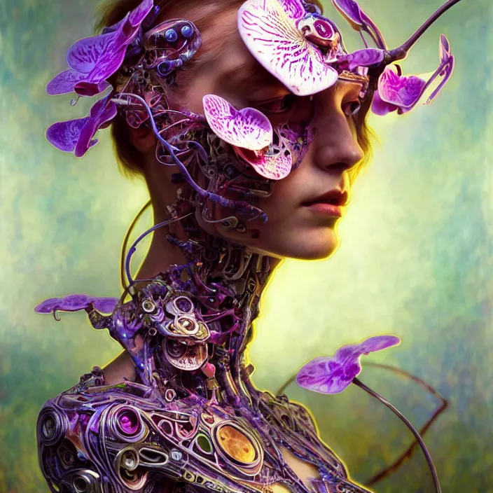 Image similar to malfunctioning psychedelic organic cyborg orchid, diffuse lighting, fantasy, intricate, elegant, highly detailed, lifelike, photorealistic, digital painting, artstation, illustration, concept art, smooth, sharp focus, art by John Collier and Albert Aublet and Krenz Cushart and Artem Demura and Alphonse Mucha