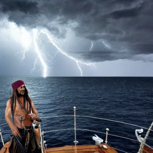 Image similar to jack sparrow on the black pearl looking out on an endless dark ocean with an ominous thunder cloud coming towards to the ship