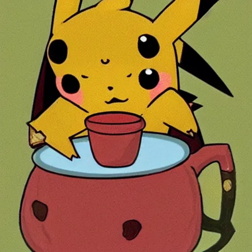 Image similar to Pikachu having tea with pizza.