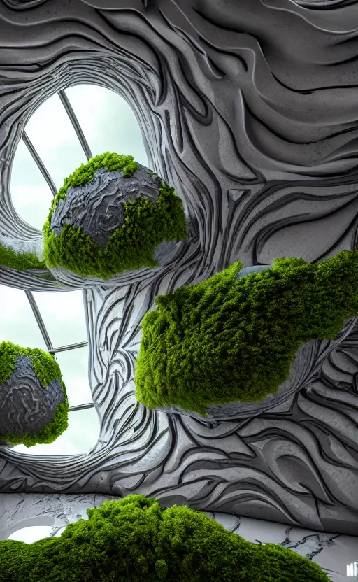 Image similar to highly detailed ultra sharp 3 d render villa interior cinematic composition of a smooth ceramic porcelain biomorphic magnolia stone nebula fluid fractal sci - fi surreal architecture landscape, granite, metallic, magnesium, marble, moss and lichen, vincent callebaut composition, mamou - mani, archviz, beautiful lighting, 8 k, unreal engine, hdr,