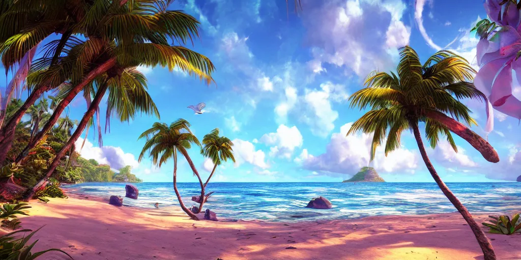 Image similar to the most beautiful tropical island, seashore, flowers, palmtrees, animals, bokeh, godrays, highly detailed, lowbrow, cinematic, artstation