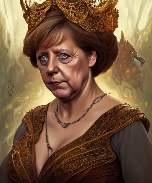 Image similar to Angela Merkel as a fantasy magic woman portrait, sci-fi, amber eyes, face, long hair, fantasy, intricate, elegant, highly detailed, digital painting, artstation, concept art, smooth, sharp focus, illustration, art by artgerm and greg rutkowski and alphonse mucha