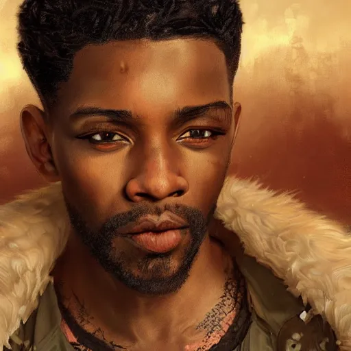 Prompt: portrait painting of a beautiful black man with cut scars and cropped hair wearing a tattered fur coat, ultra realistic, concept art, intricate details, eerie, highly detailed, photorealistic, octane render, 8 k, unreal engine. art by artgerm and greg rutkowski and charlie bowater and magali villeneuve and alphonse mucha