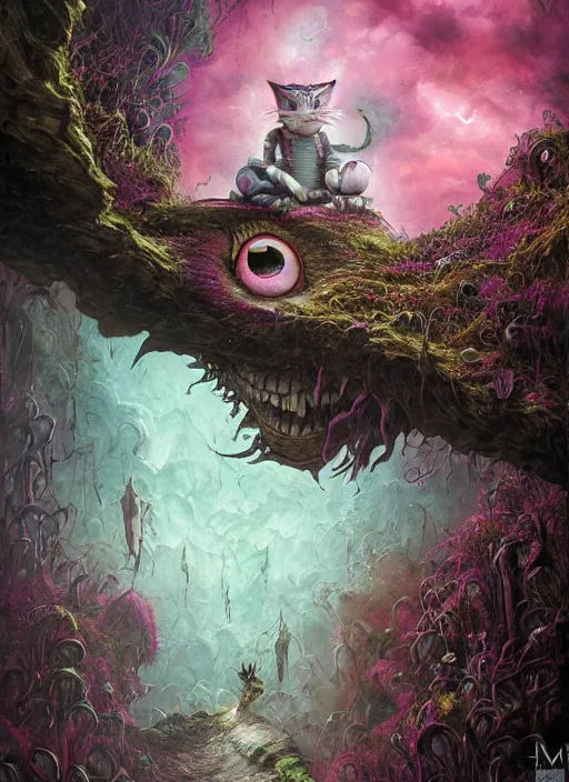 Prompt: cheshire cat, matrix, highly detailed, cinematic, 8 k, by megan duncanson, benjamin lacombe, adrian borda, stanley artgermm, tom bagshaw, craig mullins, carne griffiths, ayami kojima, beksinski, giger, trending on deviantart, hyper detailed, horror, full of colour