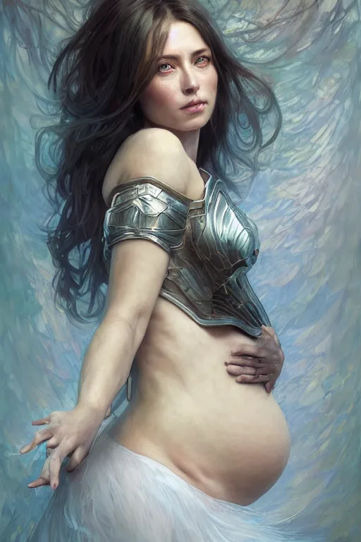 Prompt: ** professional portrait of pregnant peacefull cryogenic female dynamic pose , armor elements , long dark hair, beautiful bone structure, symmetrical facial features, intricate, elegant, digital painting, concept art, smooth, sharp focus, illustration, by Ruan Jia and Mandy Jurgens , and mucha, and Artgerm and William-Adolphe Bouguerea