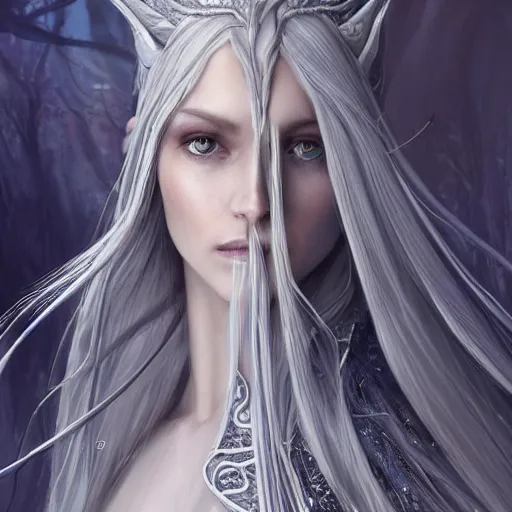 Image similar to an elven woman with long, silver hair cascading down her back. she has delicate, angular features and piercing blue eyes. she's clad in a flowing white dress with intricate silver embroidery, dynamic lighting, photorealistic fantasy concept art, trending on art station, stunning visuals, creative cinematic, ultra detailed