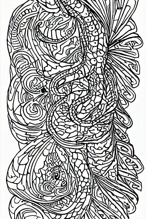 Image similar to lizard, ornaments, fractal, ink drawing, line art colouring page