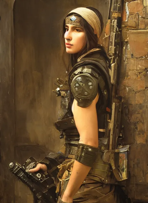 Image similar to beautiful cyberpunk mercenary wearing military vest. Iranian orientalist portrait by john william waterhouse and Edwin Longsden Long and Theodore Ralli and Nasreddine Dinet, oil on canvas. Cinematic, hyper realism, dramatic lighting, high detail 4k