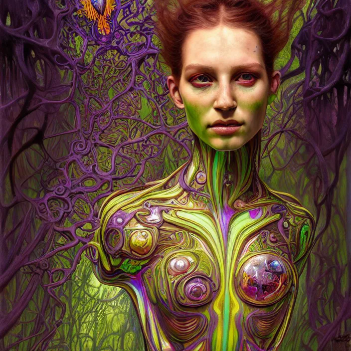 Image similar to bright psychedelic portrait of organic cyborg covered in mud in an ancient forest, diffuse lighting, fantasy, intricate, elegant, highly detailed, lifelike, photorealistic, digital painting, artstation, illustration, concept art, smooth, sharp focus, art by John Collier and Albert Aublet and Krenz Cushart and Artem Demura and Alphonse Mucha