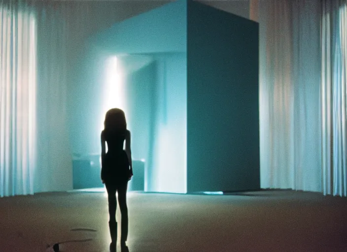 Image similar to photograph of young woman standing in front of radiating monolith in suburban living room, crisp focus, highly detailed, in roger deakins style, 3 5 mm ektachrome