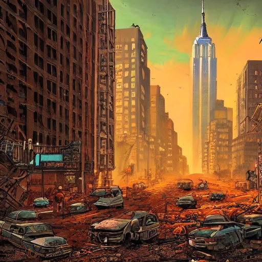 Prompt: abandoned new york city after a nuclear war, post - apocalyptic, fallout, by dan mumford, 4 k