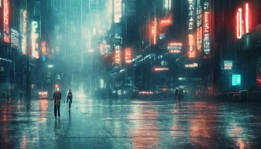 Image similar to street from bladerunner 2049, neon lights, rain, flying cars, people walking