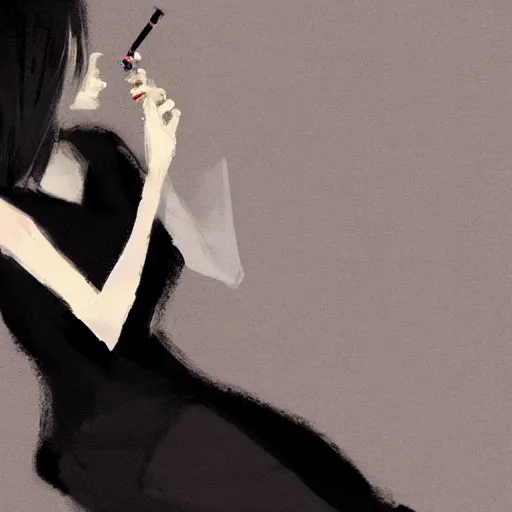 Prompt: Elegant woman in black dress and black bob hair, smoking a cigarette, sitting in dark room, smoke, smooth, sharp focus, by Akihiko Yoshida, Greg Tocchini, Greg Rutkowski, Cliff Chiang, 4k resolution, digital painting, small chromatic aberration