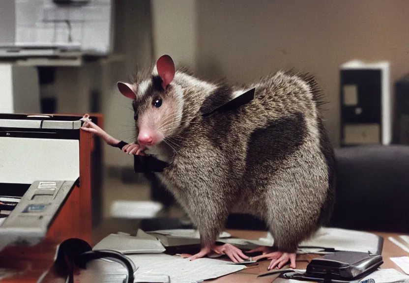 Prompt: possum dressed as an office worker, working on a desktop computer, in a 1980s office, old photo, colorized, trending on Artstation, award-winning