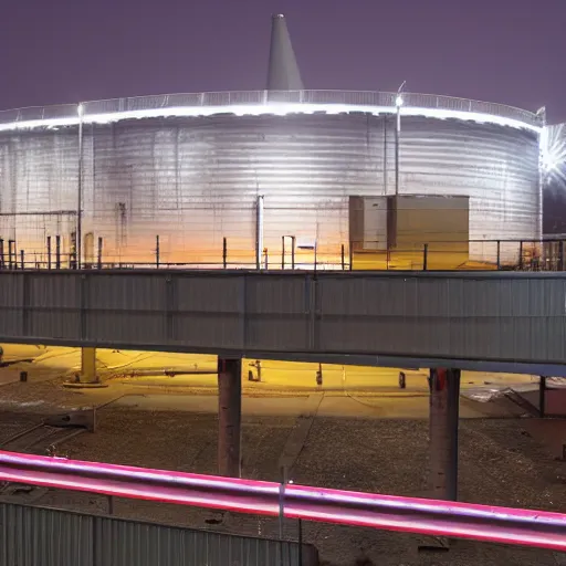 Image similar to photo of a factory exterior at night. lots of illuminated catwalks and gangways surrounding tall silos. various tubes and pipes run in raceways along the site.