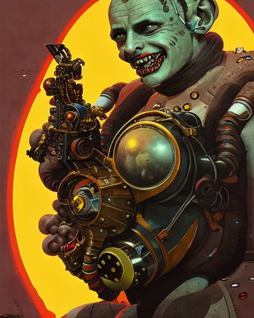 Image similar to junkrat from overwatch, slight smile, character portrait, portrait, close up, concept art, intricate details, highly detailed, vintage sci - fi poster, retro future, in the style of chris foss, rodger dean, moebius, michael whelan, and gustave dore