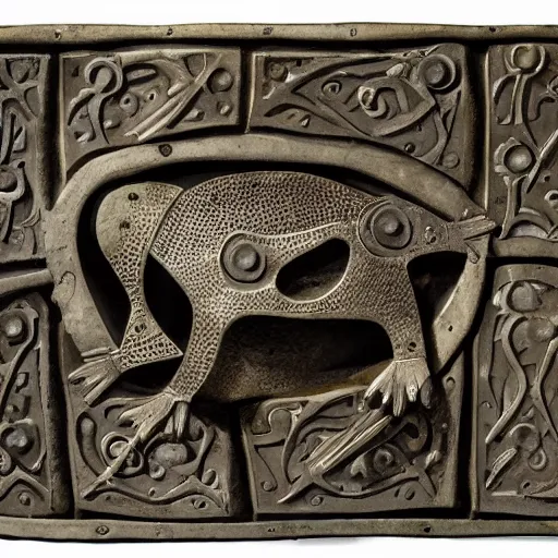 Prompt: Metalwork of a penguim, medieval art, fragmented metal medieval sculpture of a penguim