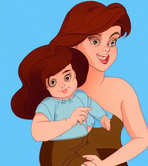 Image similar to a mother with short shoulder length auburn hair, short and curvy and a slightly chubby face holding her infant son with short brown hair full color digital illustration in the style of don bluth, artgerm, artstation trending, 4 k
