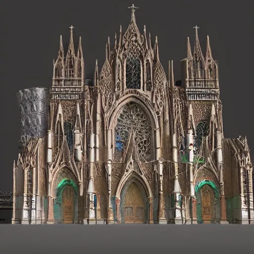 Image similar to a hyperrealistic 3 d render of a delicate ivory sculpture of an ornate detailed cathedral populated by mandelbrot fractals, micro detail, unreal engine, backlit lighting, octane renderer, catholicpunk, colorful, physically based rendering, carved soap, trending on cgsociety